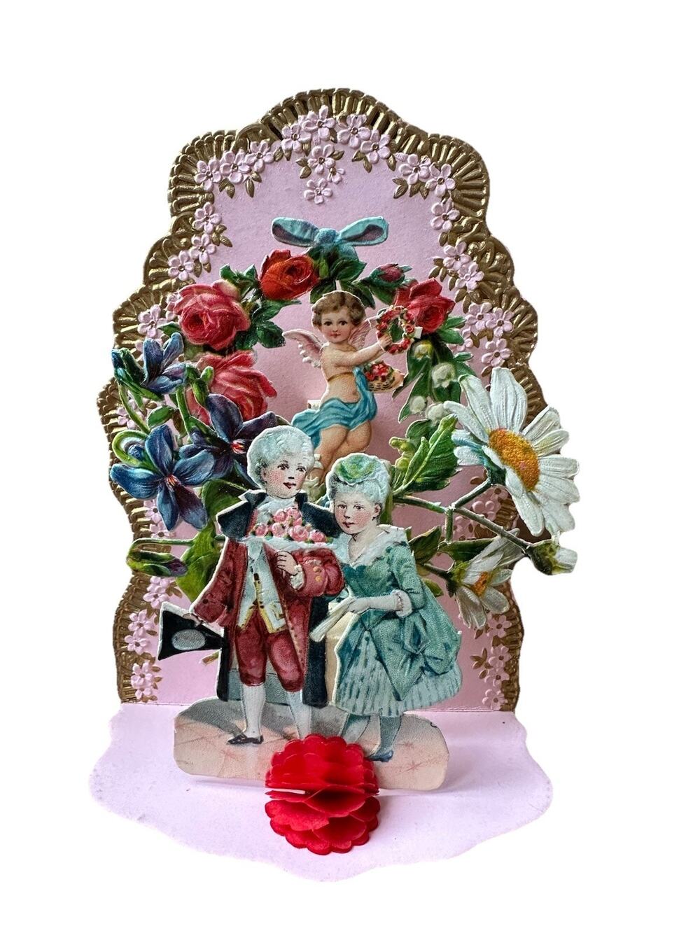 Victorian Antique Vintage Germany Diecut 3-D VALENTINES Card Cupid Couple Floral